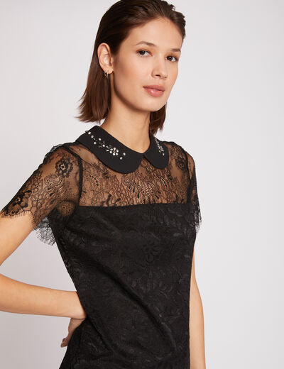 Blusa manga corta con encaje y abertura negro mujer