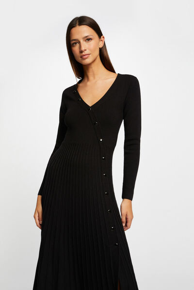 Vestido punto patinadora parte plisado negro mujer