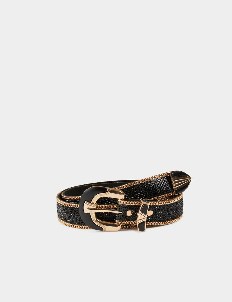 Cinturón con strass y cadenas negro mujer