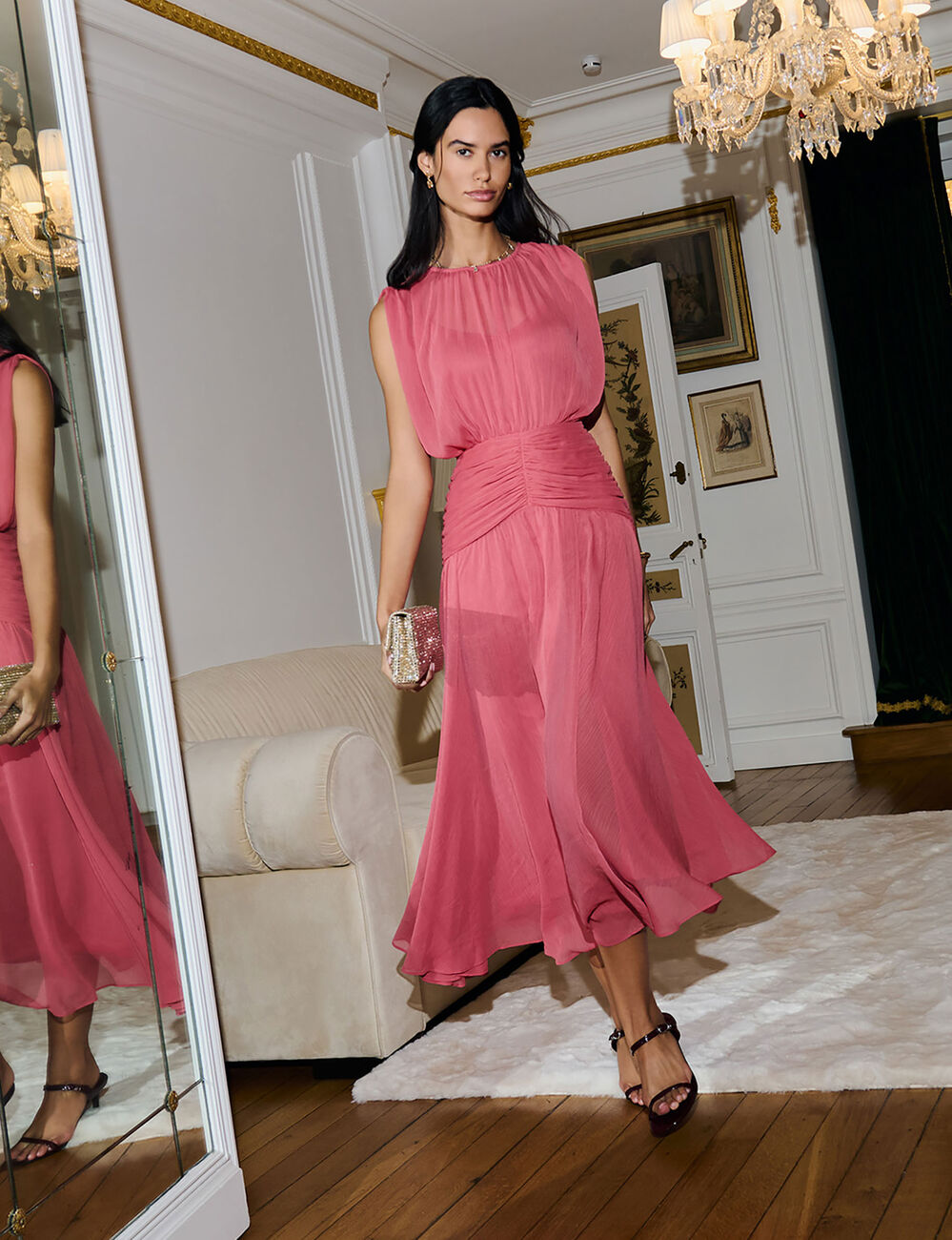 Vestido largo drapeado rosa envejecido mujer