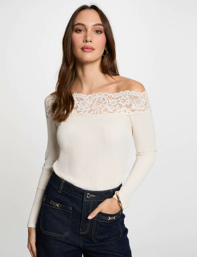 Camiseta manga larga marfil mujer