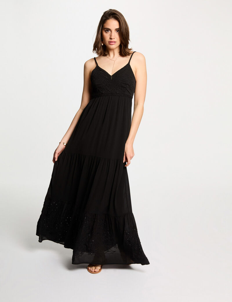 Vestido largo holgado bordado negro mujer