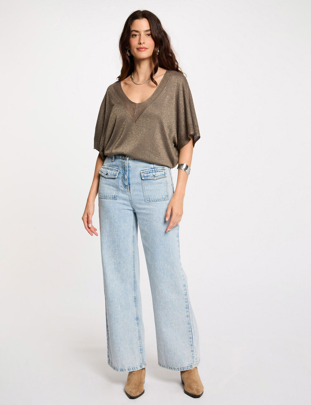 Jersey escote en V manga corta verde caqui mujer