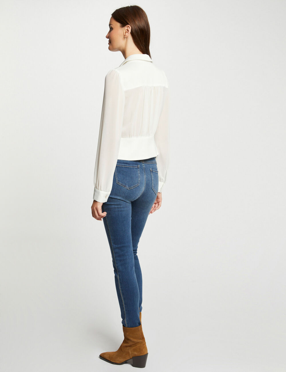 Camisa manga larga con pliegues marfil mujer