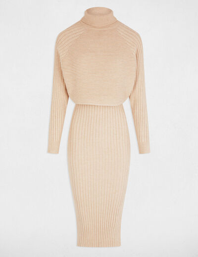 Vestido de punto ajustado efecto 2 en 1 beige mujer