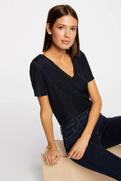 Camiseta manga corta con escote en V marino mujer