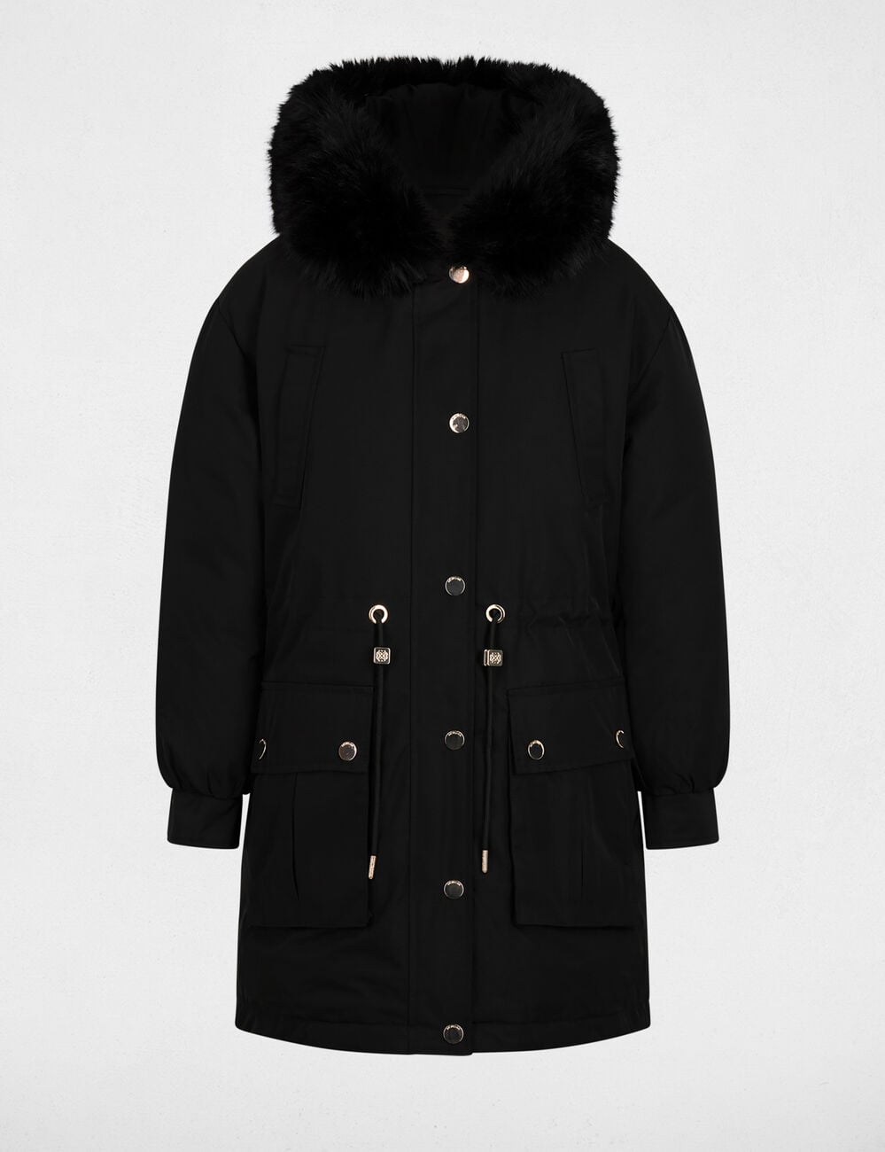 Parka con cuello de pelo negro mujer