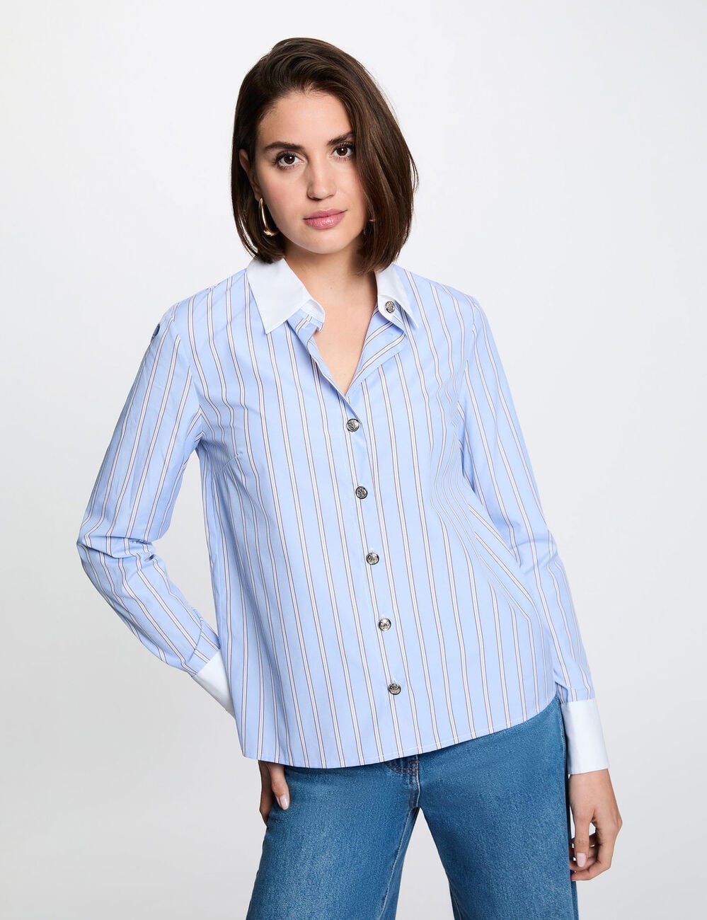 Camisa de rayas con cuello contrastado azul cielo mujer