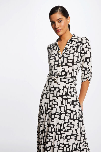 Vestido largo acampanado estampado crudo mujer