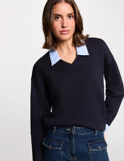 Jersey de rayas con cuello vuelto azul marino mujer