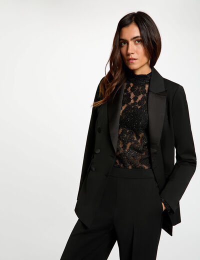Chaqueta satinada con cuello sastre negro mujer