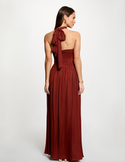 Vestido largo con cuello anudado marr&oacute;n co&ntilde;ac mujer