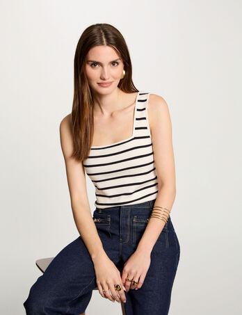 Jersey cuello cuadrado y rayas crudo mujer