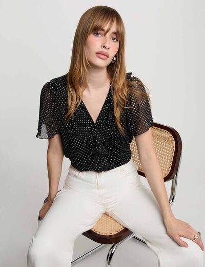Blusa de gasa con cuello en V negro mujer
