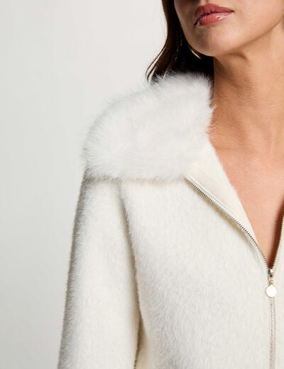 Chaqueta con cuello de piel marfil mujer