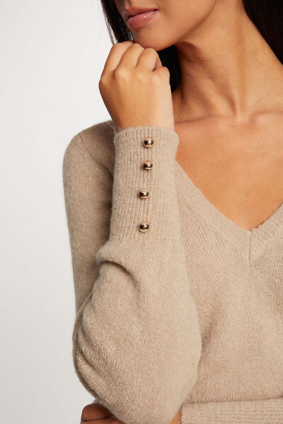 Jersey manga larga con escote en V beige mujer