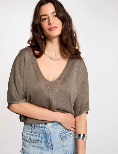 Jersey escote en V manga corta verde caqui mujer