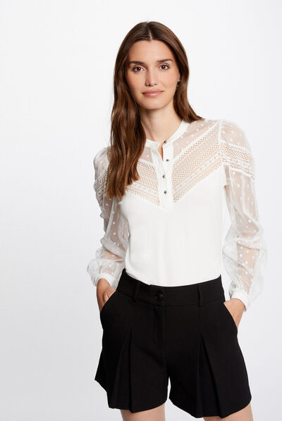 Camiseta manga larga con encaje crudo mujer