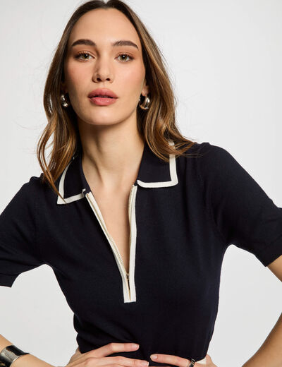 Jersey cuello tipo polo azul marino mujer
