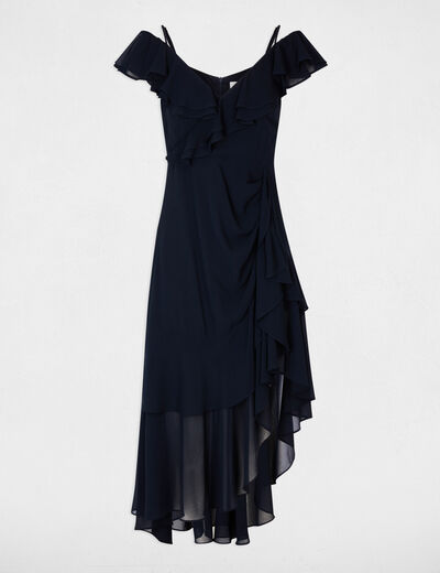 Vestido midi recto volantes azul marino mujer