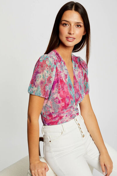 Camiseta manga corta estampado floral rosa mujer