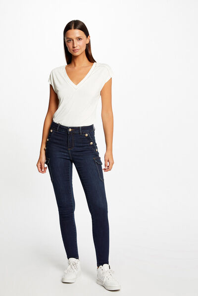 Vaquero cargo skinny con botones vaquero en bruto mujer