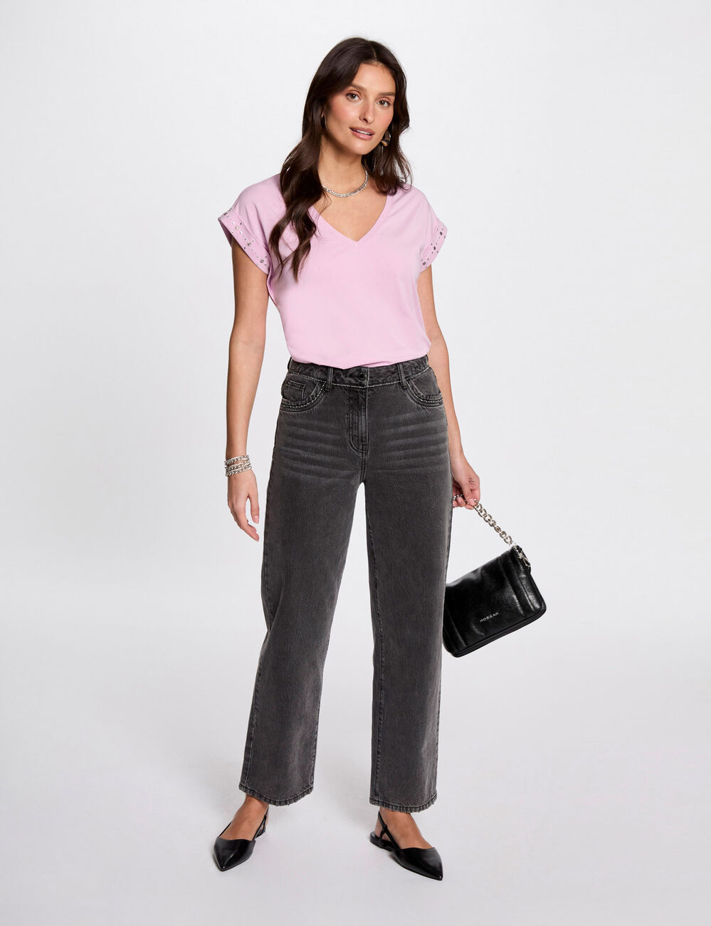 Camiseta manga corta tachuelas rosa pastel mujer