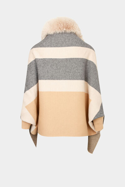Poncho con detalles pelo de imitación beige mujer