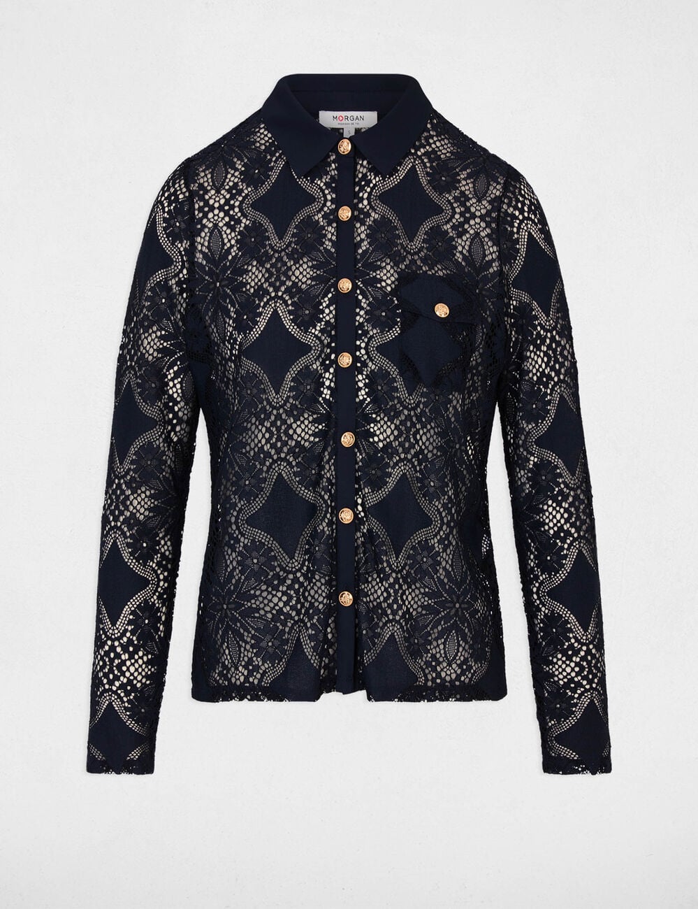 Camisa de encaje con cuello vuelto azul marino mujer