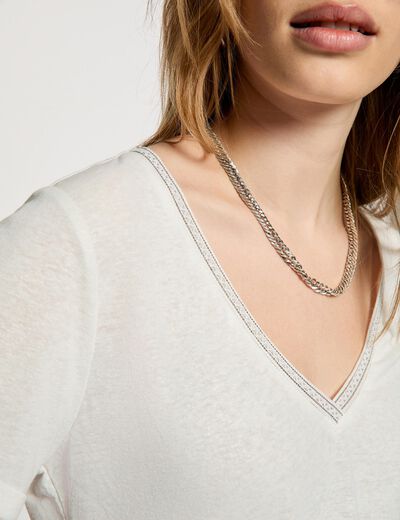 Camiseta con cuello en v con perlas blanco mujer