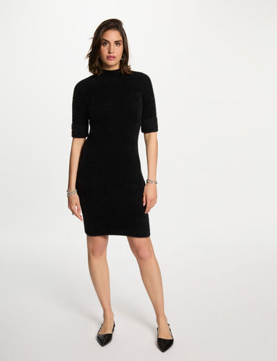 Vestido de punto ajustado manga corta negro mujer