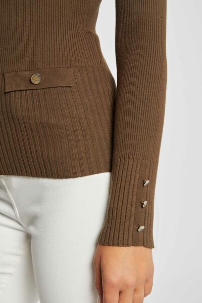 Jersey manga larga acanalado escote en V verde medio mujer
