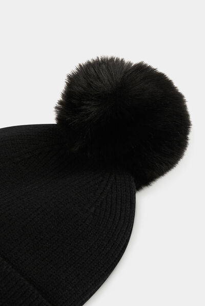 Gorro con botones y pompón negro mujer
