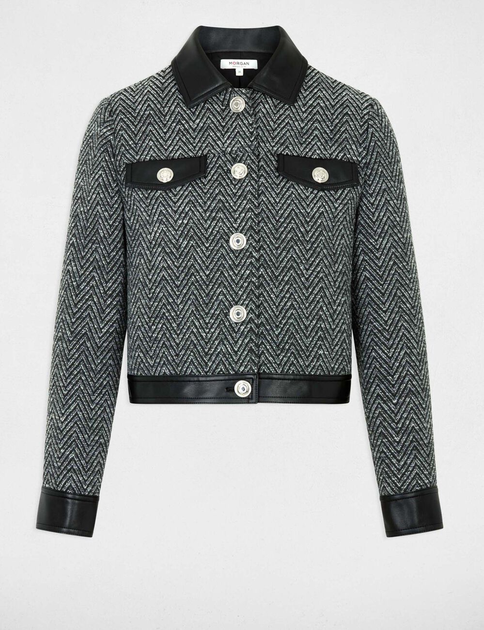 Chaqueta de tweed recta negro mujer