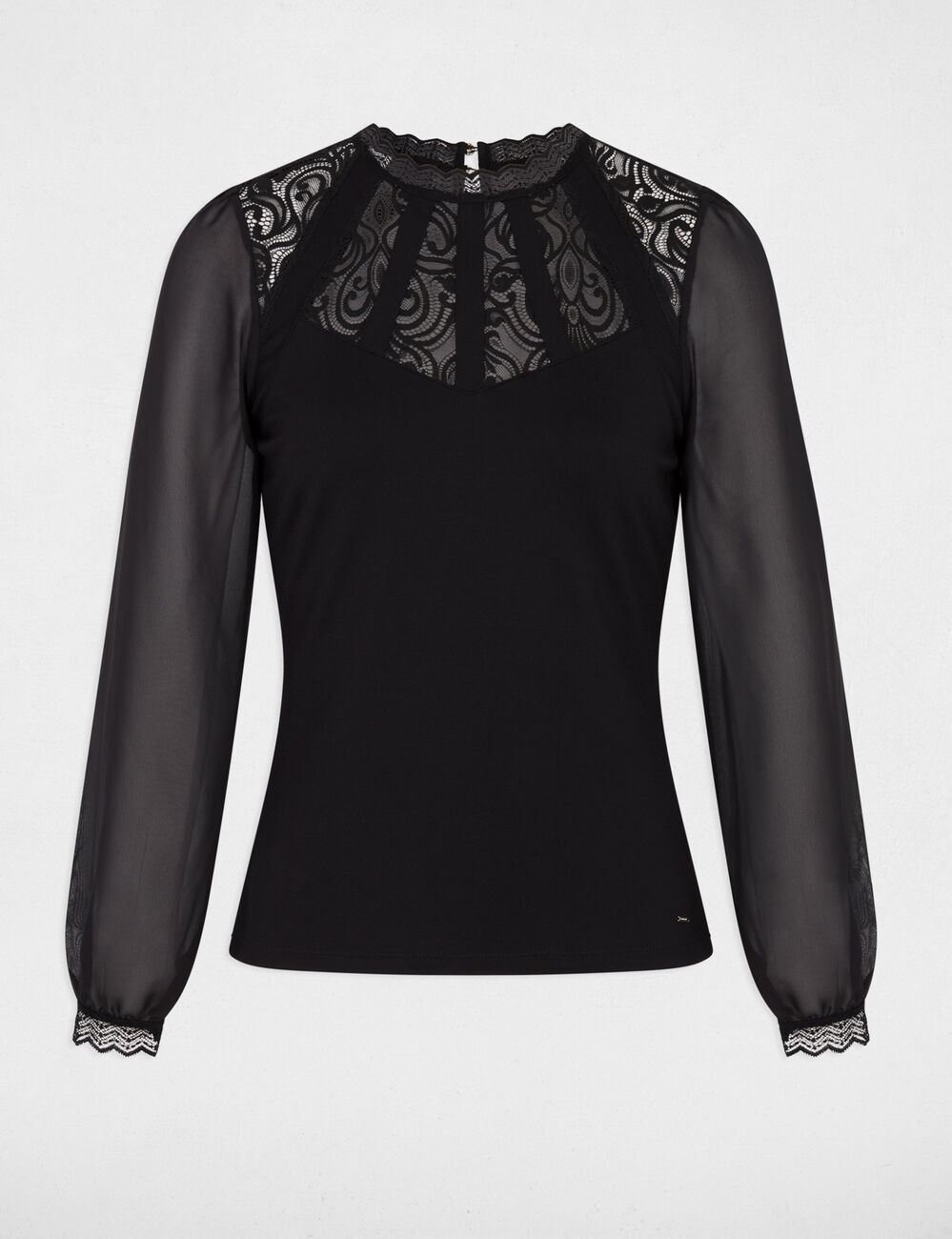 Camiseta de encaje manga larga negro mujer