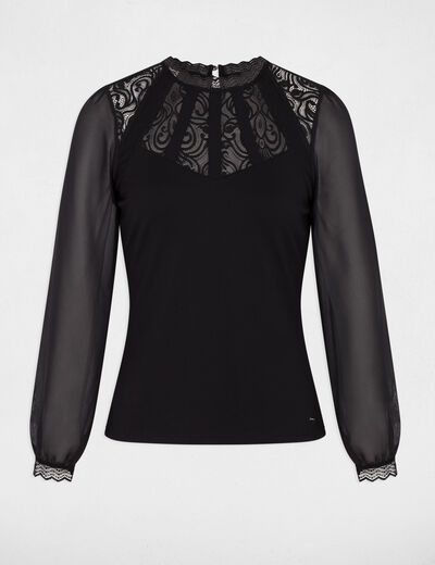 Camiseta de encaje manga larga negro mujer
