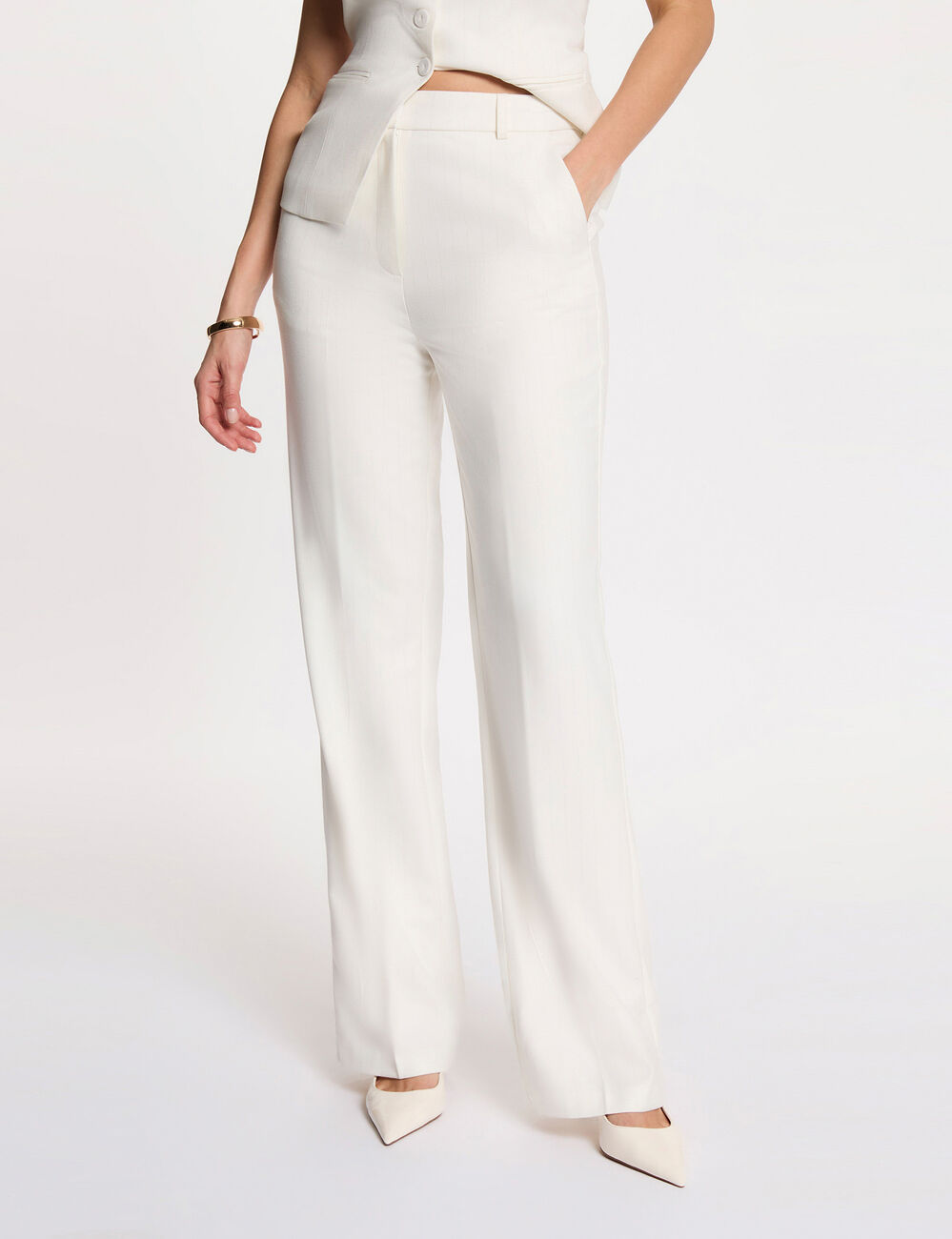Pantal&oacute;n ancho de rayas finas blanco mujer
