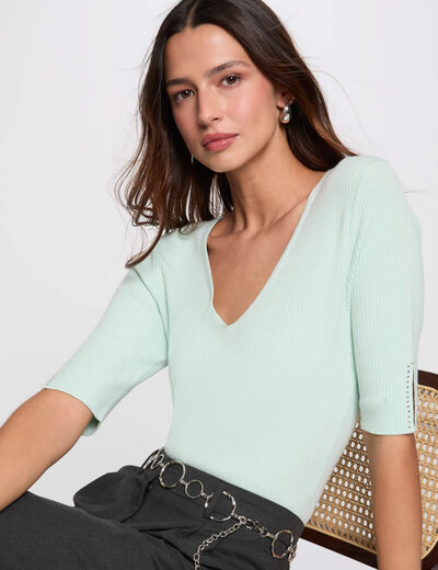 Jersey escote en V verde claro mujer