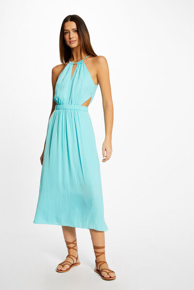 Vestido midi acampanado escote halter  mujer