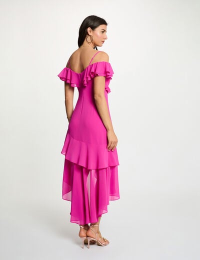 Vestido midi recto volantes rosa frambuesa mujer