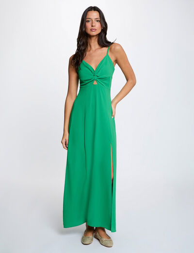 Vestido largo recto abertura verde pradera mujer
