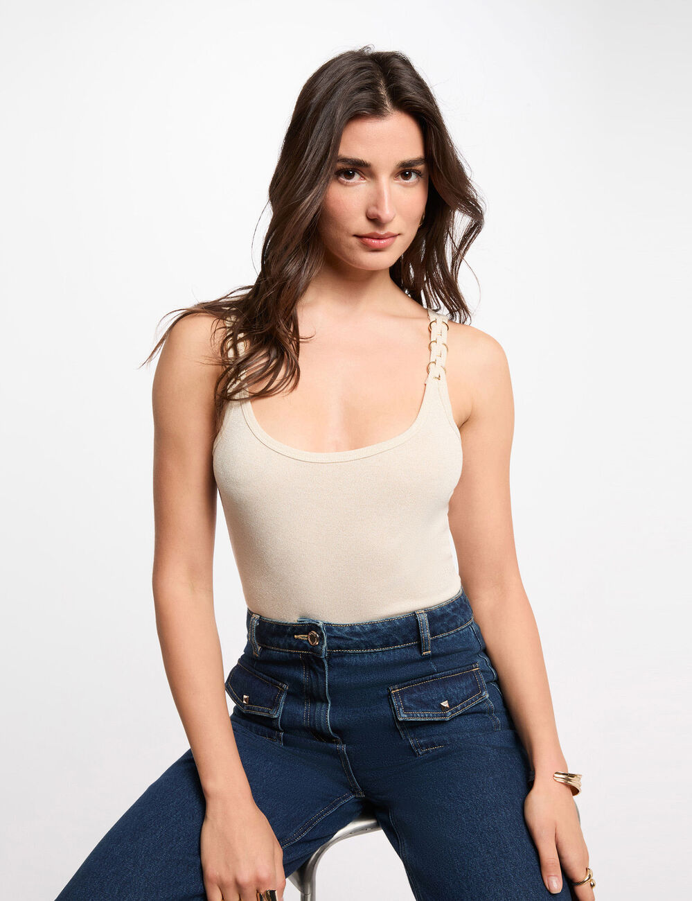 Camiseta ajustada cuello redondo blanco mujer