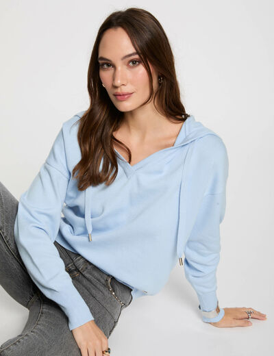 Jersey escote en V y capucha azul cielo mujer