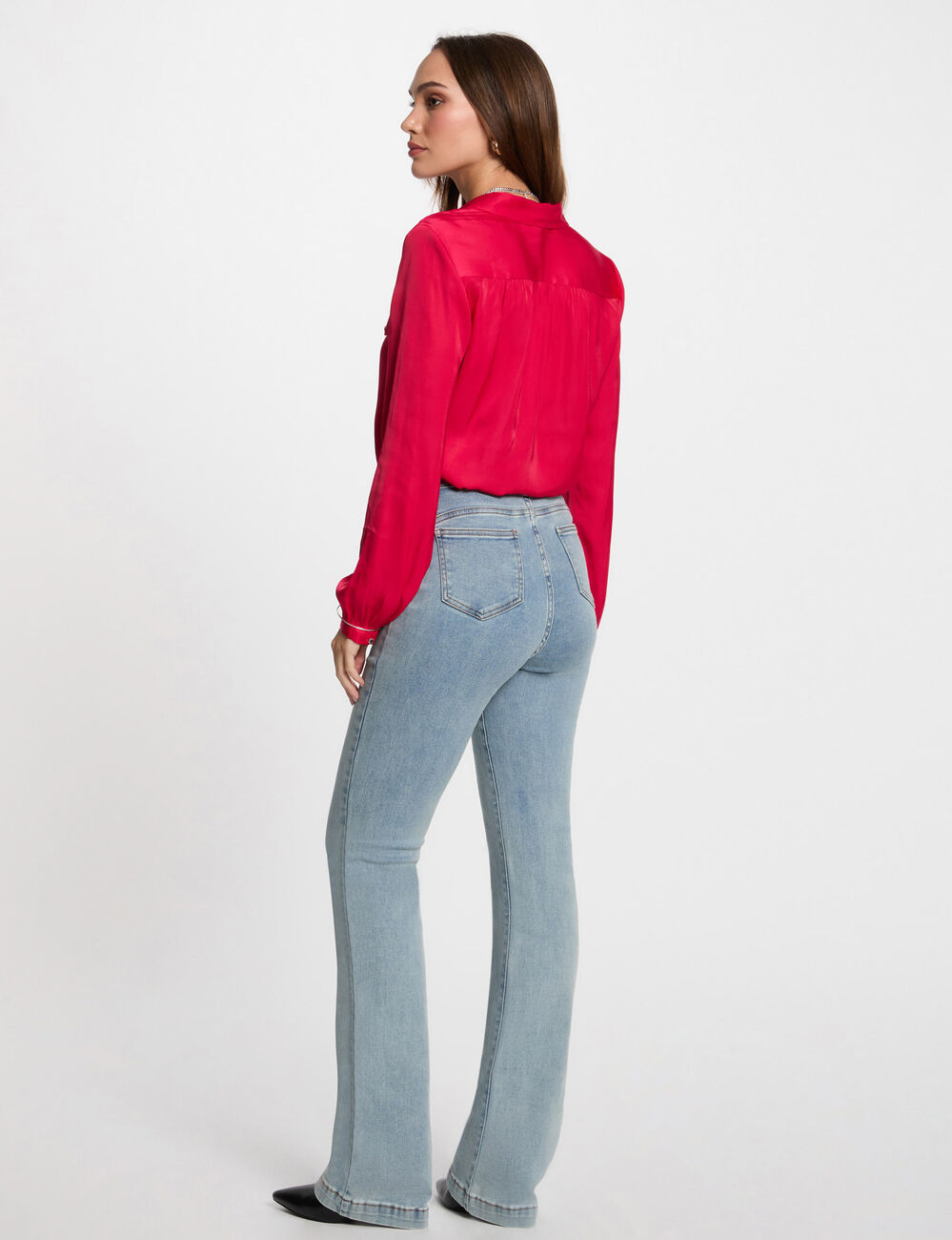 Vaquero recto con detalles trenzados denim descolorido mujer
