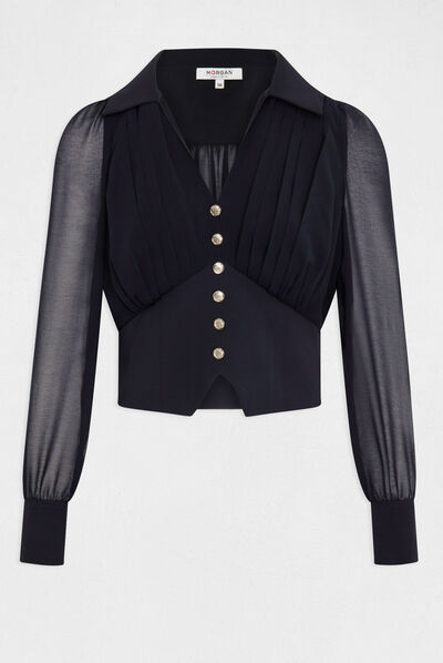 Blusa manga larga con pliegues marino mujer
