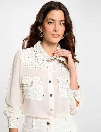Camisa manga larga marfil mujer