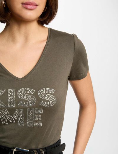 Camiseta con mensaje verde caqui mujer