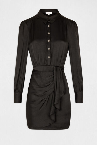 Vestido recto drapeado satinado negro mujer