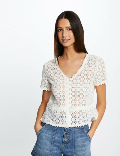 Camiseta manga corta de encaje marfil mujer