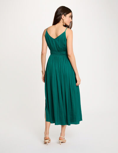 Vestido midi recto plisado verde mujer